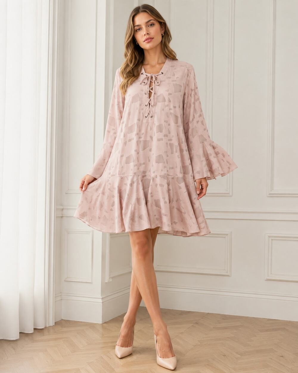 IRO Mini Dress 4 Small EU 36 Blush Pink Nude Ralene Lace-Up Flounce Bell Sleeve